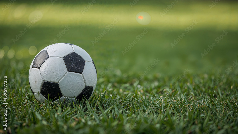 Fototapeta premium Classic black and white soccer ball on grass