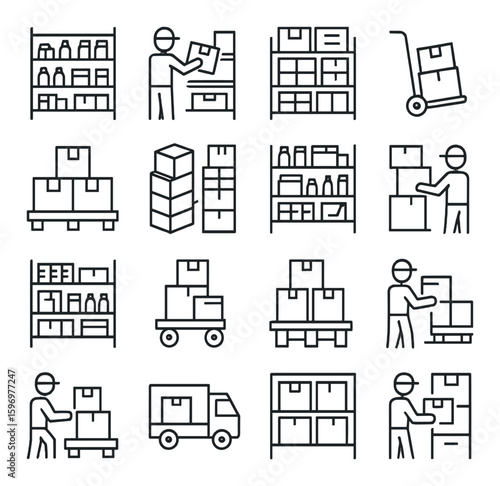 Supermarket icon collection: flat style shelves, boxes, cart, truck, forklift, worker vector icons