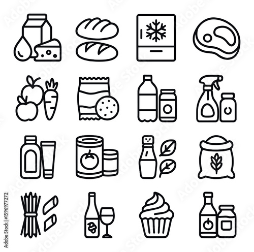 Supermarket section icon collection. simple linear style. milk, bread, meat, beverage, produce, cleaning, bakery, sauce vector icons.