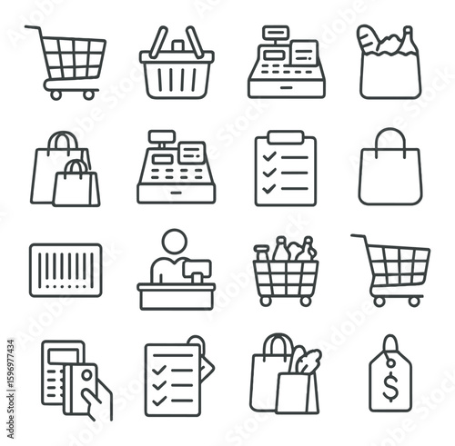 Shopping icon collection. store, cart, basket, checkout, payment, tag, bags, linear vector icons.
