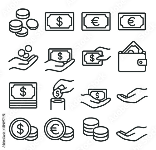 Currency icon collection: simple hand, money, wallet, coin, bill, dollar, euro, cash vector icons