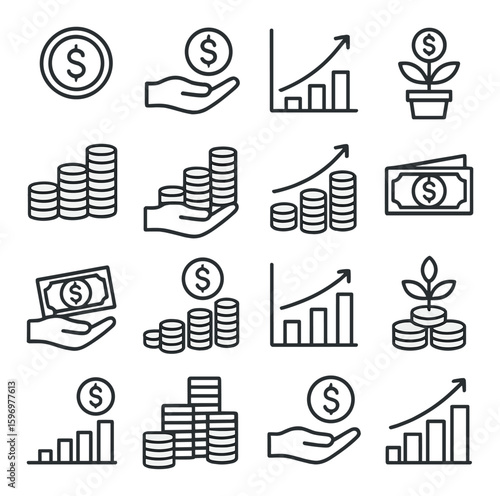 Investment growth icon collection. finance and money linear icons: coin, hand, chart, plant, dollar vector icons.