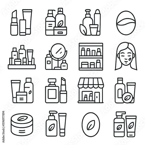 Cosmetic icon collection. beauty product silhouette set. skincare, makeup, bottle, mirror vector icons.