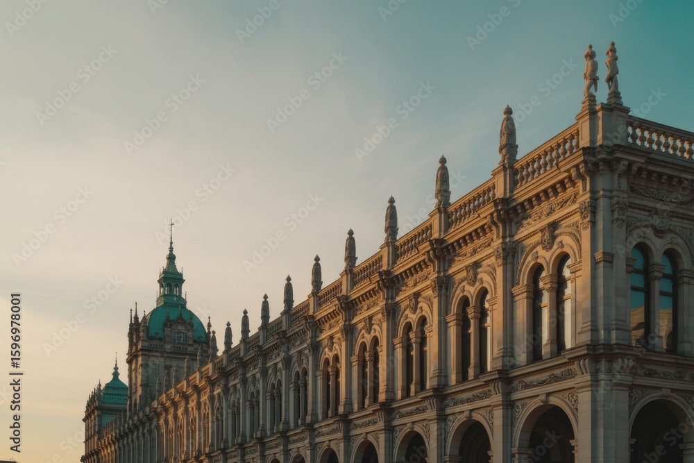 Fototapeta premium Photo of the historic buildings facade showcases intricate architectural details under a serene sky, a testament to timeless design