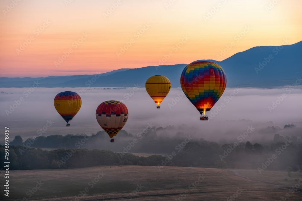 Fototapeta premium Photo of a group of hot air balloons float serenely over a misty landscape at sunrise, creating a breathtaking scene of adventure and tranquility