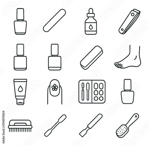 Nail care icon collection. manicure linear icons: polish, file, clipper, foot, cream vector icons.