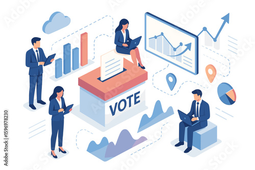 Isometric businesspeople analyzing election data with voting box and charts