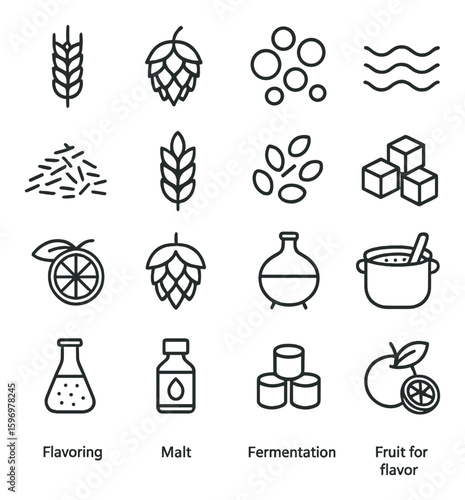 Beer ingredient icon collection. hops, wheat, malt, yeast, citrus, cubes, flat vector icons.