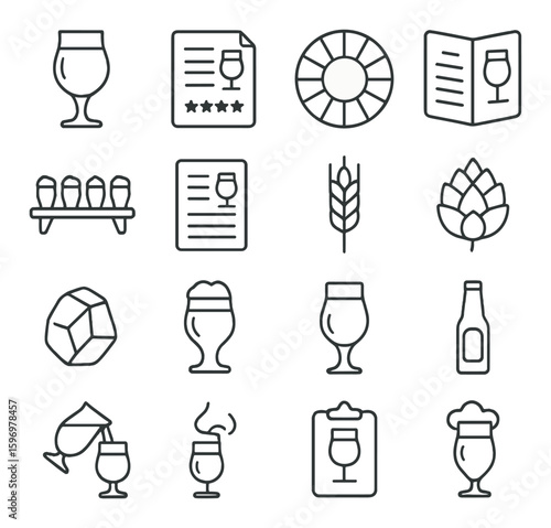 Beer tasting icon collection. bar, menu, glass, book, wheat, bottle silhouette vector icons