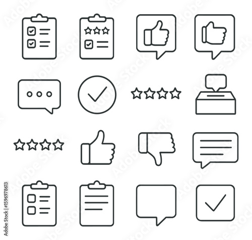 Feedback and survey icon collection. simple linear icons. checklist, thumbs up, comment, rating vector icons.