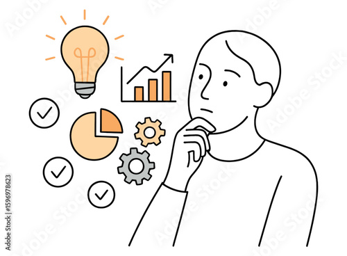Contemplative analysis with icons of progress, ideas, and productivity