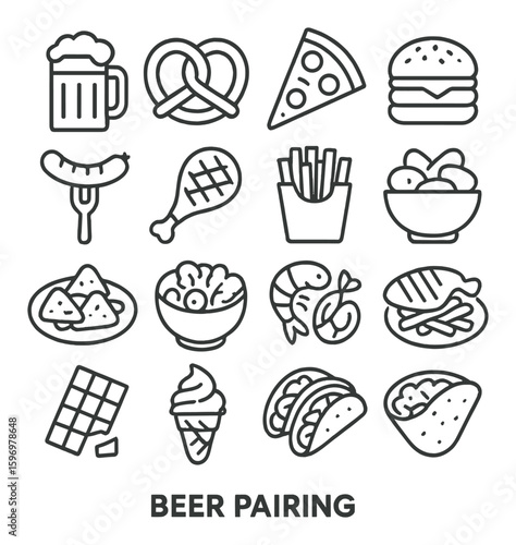 Beer pairing icon collection: linear icons for pizza, burger, pretzel, sausage, and snacks
