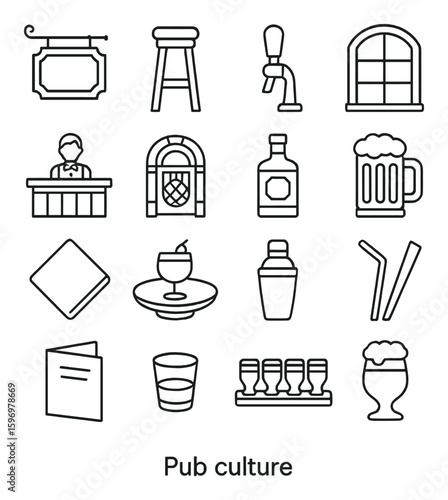 Classic pub icon collection. simple line design: sign, stool, tap, bar, jukebox, bottle, beer, napkin, cocktail, shaker, straw, whiskey vector icons.