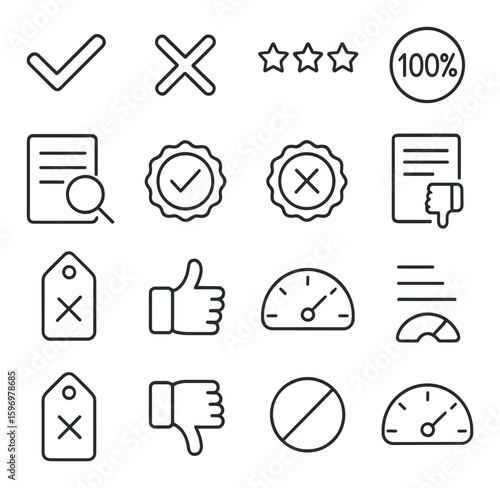 Quality control icon collection. essential quality assurance linear icons: check, cross, star, meter, approval vector icons.