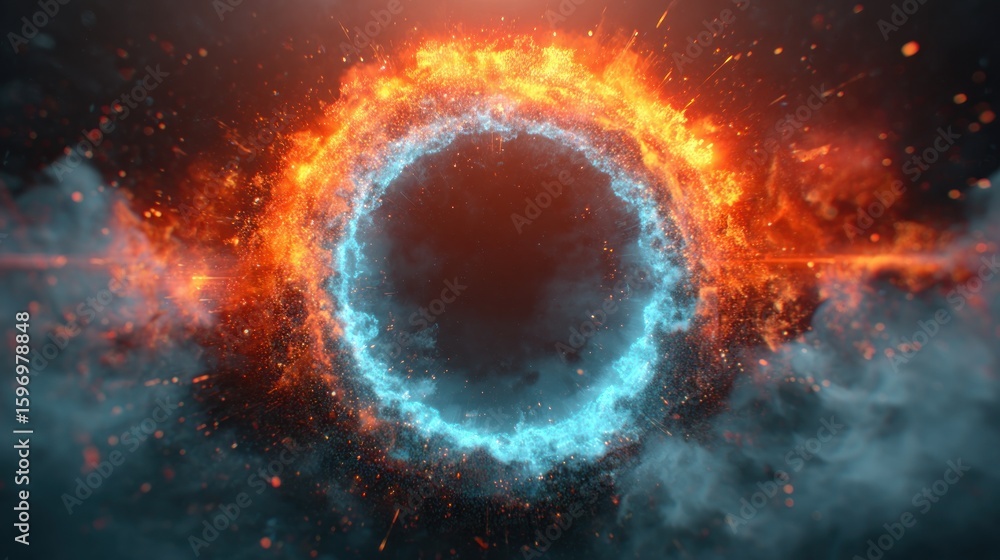 Naklejka premium Fiery circle surrounded by smoke and sparks