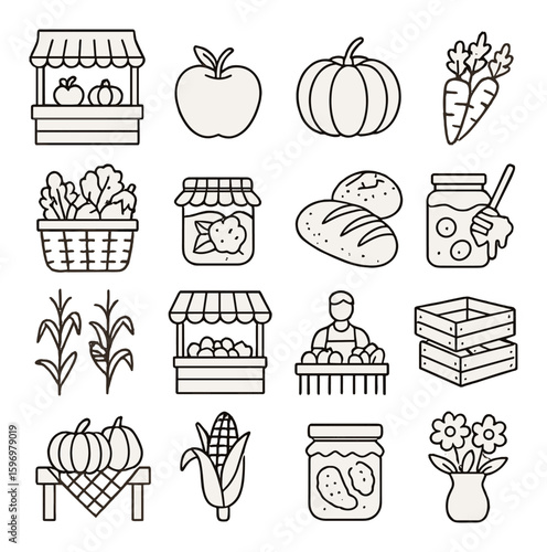 Rural market icon collection. simple linear icons of stand, apple, pumpkin, carrot, honey, bread, basket, corn, farmer, jar, flower vector icons.