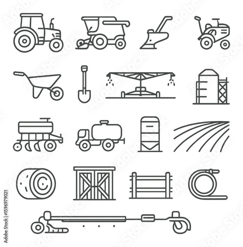Farming equipment icon collection. agriculture tools linear: tractor, shovel, silo, harvester vector icons.