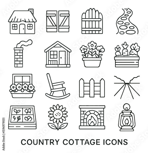 Country cottage icon collection. charming rural living linear cottage, flowers, fence, path, garden, lantern, chimney, fireplace, window vector icons