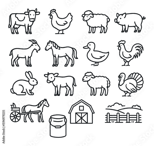 Farm animal icon collection. simple farm animals: cow, chicken, pig, goat, duck, barn vector icons.