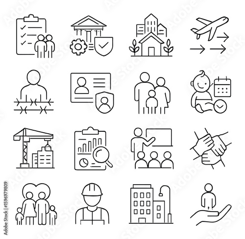 Social policies icon collection. simple line icons: family, education, healthcare, travel, construction vector icons.