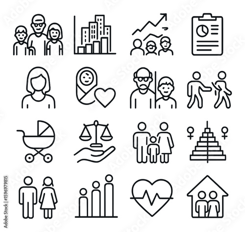 Population data icon collection. demographics, family, health, charts, linear style vector icons