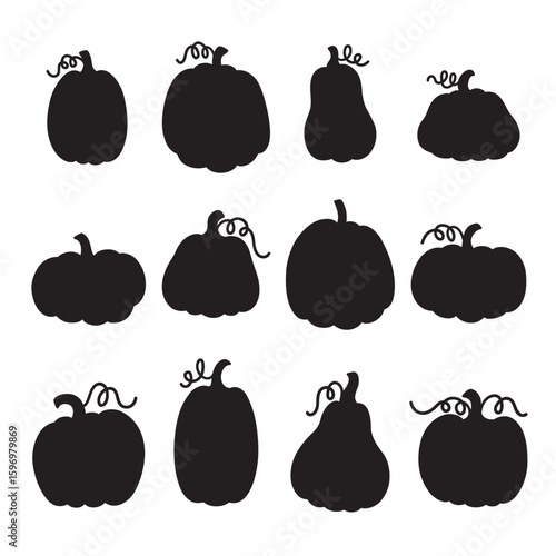 Black silhouette vector illustrations of Thanksgiving pumpkins with vines in various shapes.