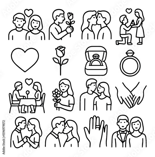 Romantic icon collection. love, couple, heart, ring, date, embrace, silhouette vector icons.
