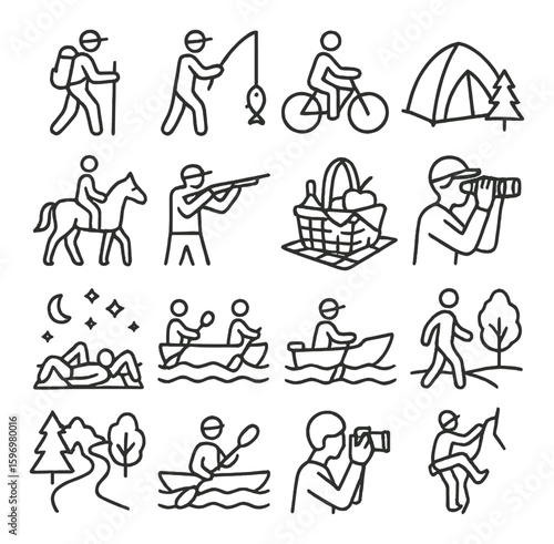 Outdoor activity icon collection. camping, hiking, fishing, biking, picnic, climbing, silhouette vector icons.