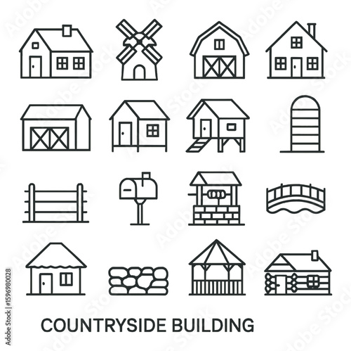 Countryside building icon collection: simple line art barn, windmill, cottage, silo vector icons