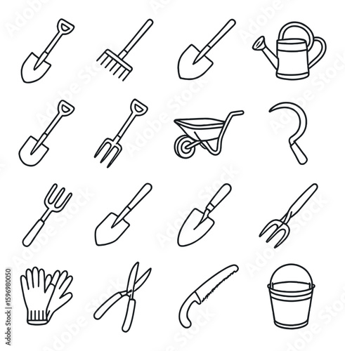 Farming tools icon collection. simple gardening linear shovel, rake, watering can, sickle, wheelbarrow vector icons.