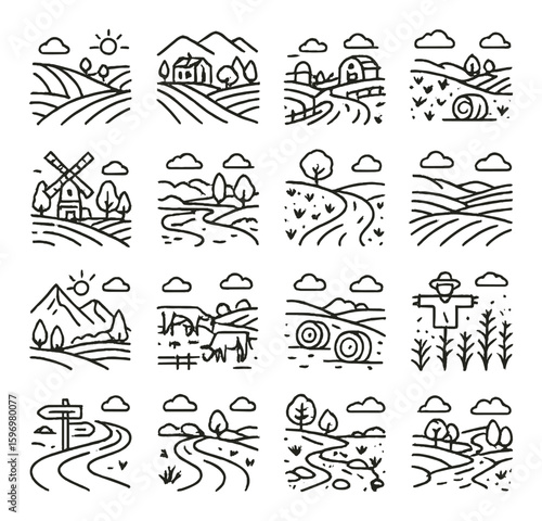 Countryside icon collection. rural landscape simple style. hills, barn, windmill, scarecrow, field vector icons.