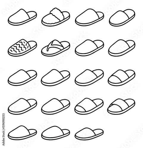 Slipper icon collection. footwear outline icons: sandal, flip-flop, moccasin, cozy shoe vector icons.