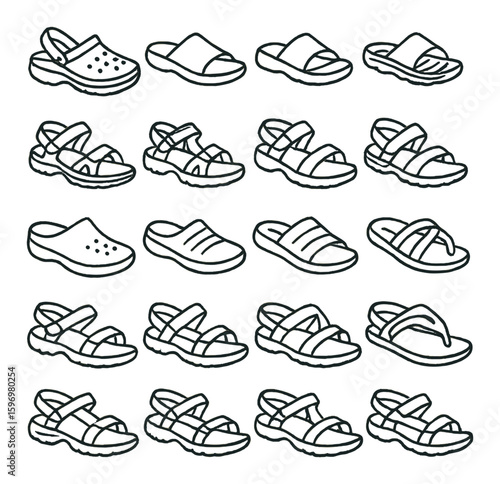 Outdoor slippers icon collection. footwear, sandals, flip-flops, crocs, simple linear vector icons.