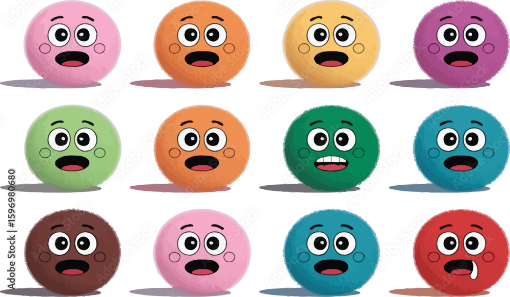Fototapeta premium Colorful emoji faces vector with different expressions and emotions in round cartoon character design set