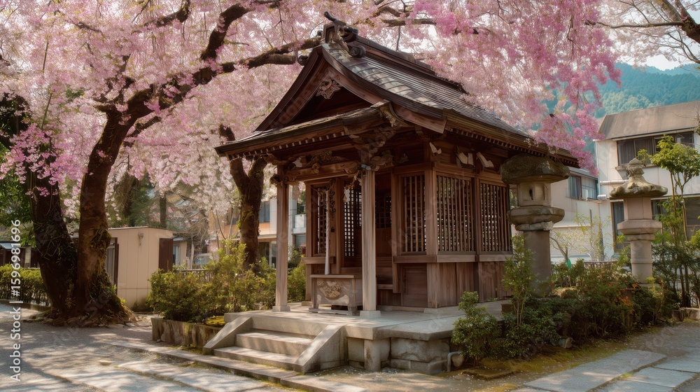 Fototapeta premium Small Shinto Shrine Surrounded by Blooming Cherry Blossoms in Spring