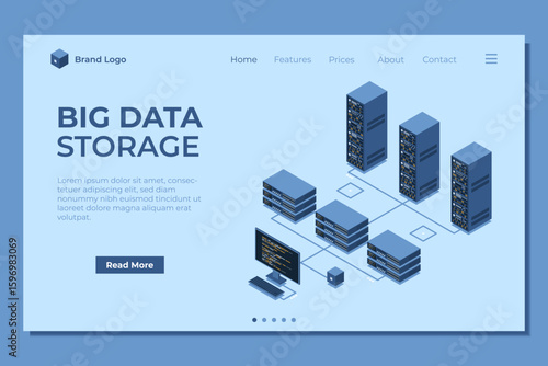Isometric monitoring big data storage landing page. Data transmission technology. Online hosting technology concept. Isometric technology