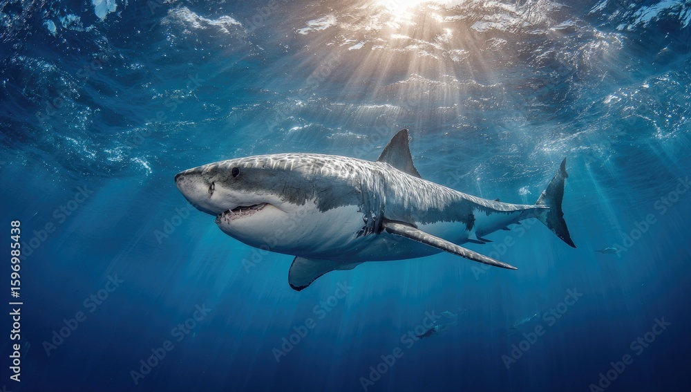 Fototapeta premium Great white shark in sunlit ocean depths (5)