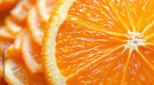 A closeup of a juicy orange slice with a background of orange slices