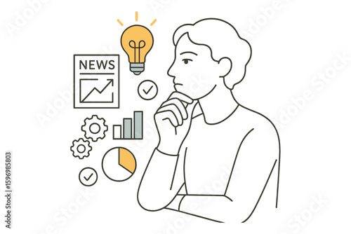 Thinking person analyzing news and data with chart and lightbulb highlight