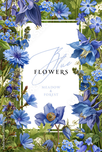 Vintage vector illustration with blue meadow and field flowers on a changeable background. Floral design template for wedding invitation, greeting card, notebook cover, flyer or certificate.