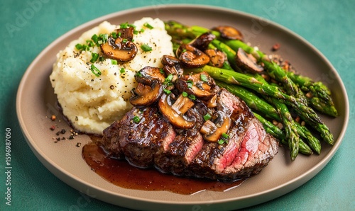 Wallpaper Mural Savor the rich bison ribeye steak with wild mushrooms and garlic mashed potatoes on a stylish plate Torontodigital.ca