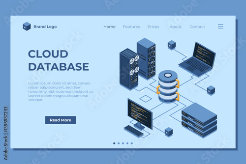 Isometric modern cloud database and networking landing page. Computer service technology. Supercomputer. Isometric technology