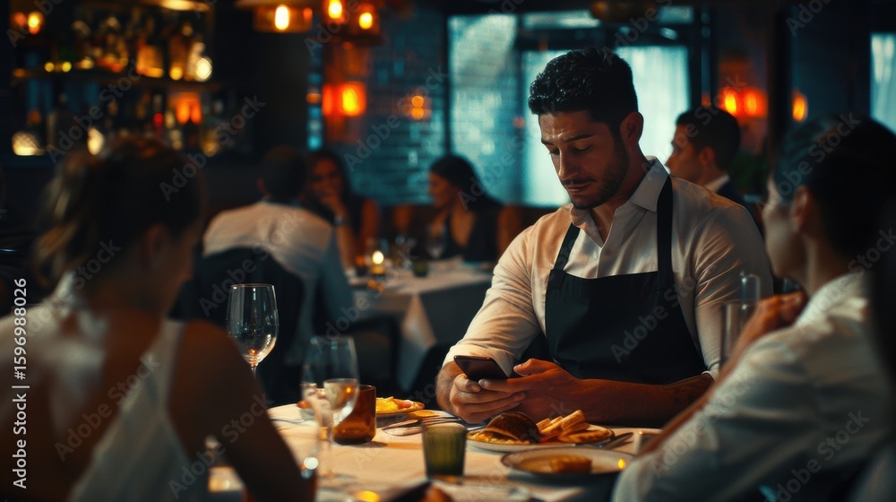 Obraz premium Lazy waiter scrolls phone while customers wait restaurant ambient lighting cinematic 16:9.
