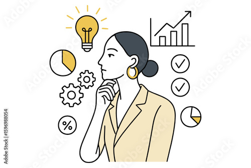 Businesswoman contemplating ideas and growth charts in minimalist design