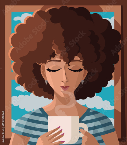 happy latina woman with coffee mug