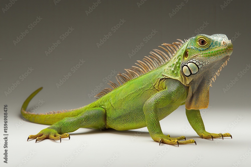 Fototapeta premium Vibrant green iguana showcasing its unique features against a subtle background