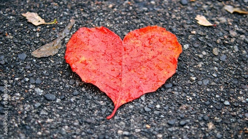 Vibrant red leaf heart on dark pavement.