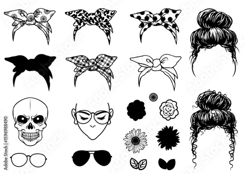 Messy Buns Items Pack: A curated collection of beauty items, ranging from stylish headscarves to fashionable eyewear and decorative flowers, all meticulously rendered in striking black and white.