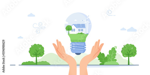 Vector illustration of hands holding a lightbulb containing a house with solar panels and a wind turbine, symbolizing sustainable living and green energy.