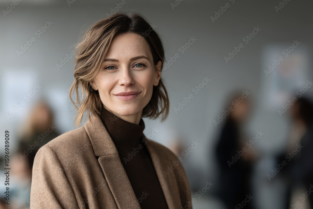 Naklejka premium confident and smiling hr manager in modern office setting positioned on left side of frame